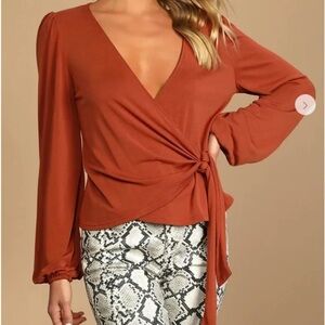 Lulu’s Sweet and Seasonal Rust Orange Long Sleeve Wrap Top